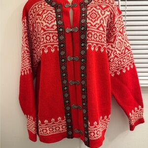 Vintage Fair Isle Red and White Nordic Pattern Sweater with silver clasp buttons